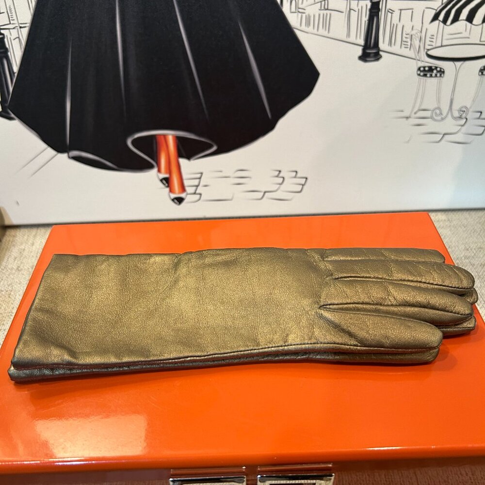 Stylish Long Gold Metallic Italian Leather & Cashmere Lined Gloves Size 7